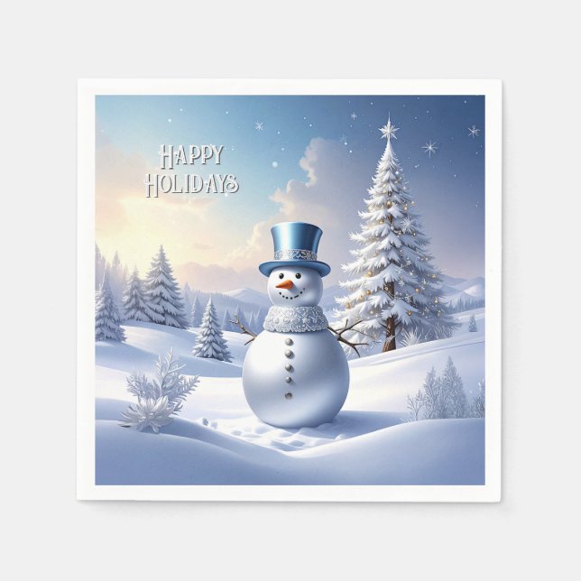 Blue Hat Snowman Christmas Tree Holiday Napkin (Front)