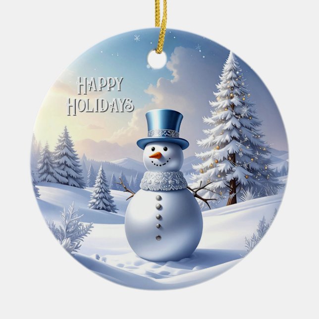 Blue Hat Snowman Christmas Tree Holiday Ornament (Front)