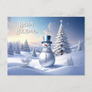 Blue Hat Snowman Christmas Tree Holiday Postcard