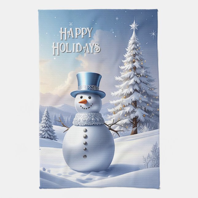 Blue Hat Snowman Christmas Tree Holiday Tea Towel (Vertical)