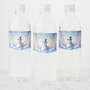 Blue Hat Snowman Christmas Tree Water Bottle Label
