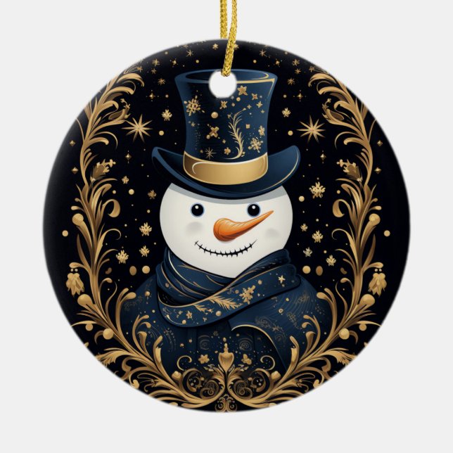 Blue Hat Snowman Gold Decorative Ornament (Front)