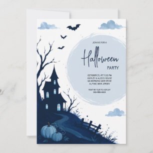 Blue Haunted House Halloween Party Invitation