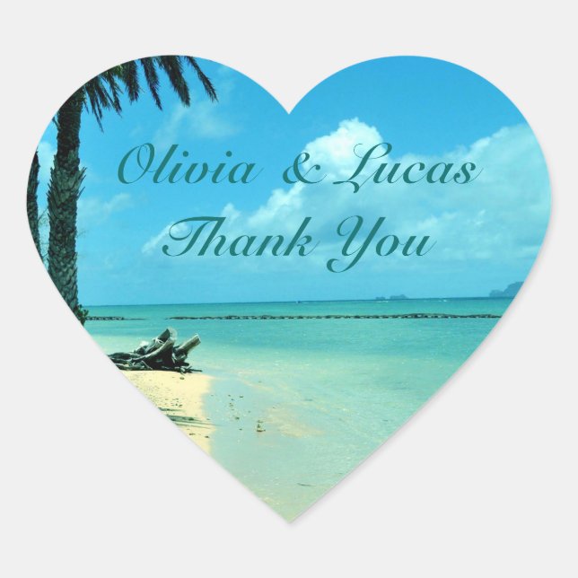 Blue Hawaii Beach Wedding Thank You Heart Sticker (Front)