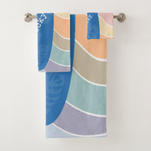 Blue Hawaii Surfboard on Pastel Waves Bath Towel Set