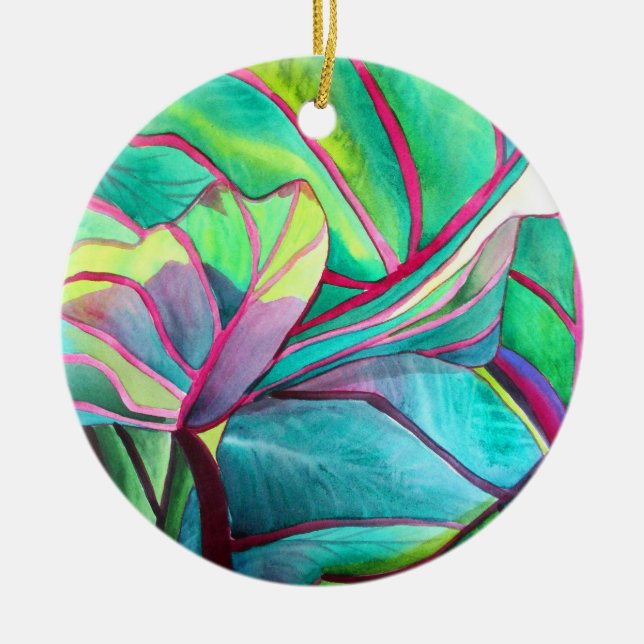 Blue Hawaii Tropical leaf foliage art Ceramic Tree Decoration (Front)