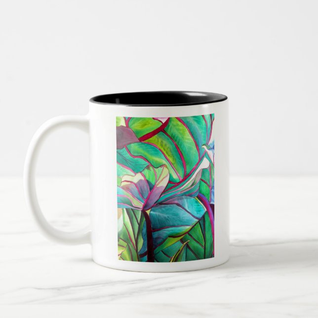 Blue Hawaii Tropical leaf foliage art Two-Tone Coffee Mug (Left)