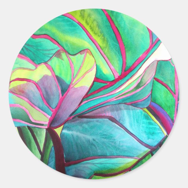 Blue Hawaii Tropical leaf wedding art Classic Round Sticker (Front)