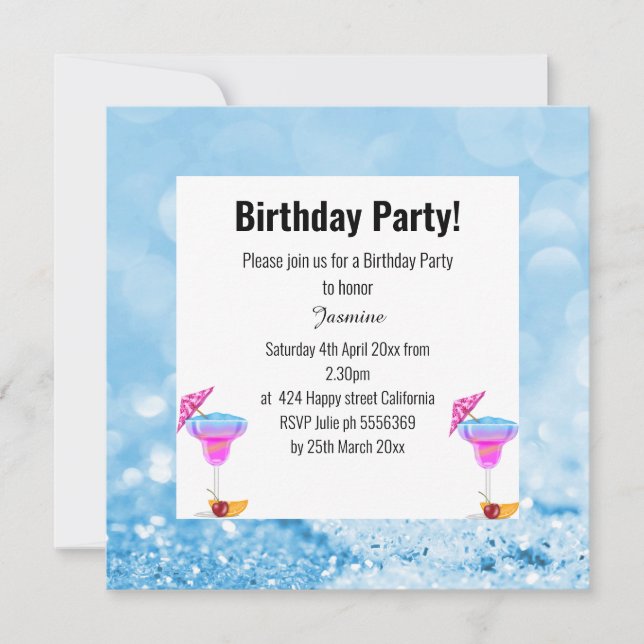 BLUE HAWAIIAN BUBBLES & CRYSTALS BIRTHDAY PARTY INVITATION (Front)