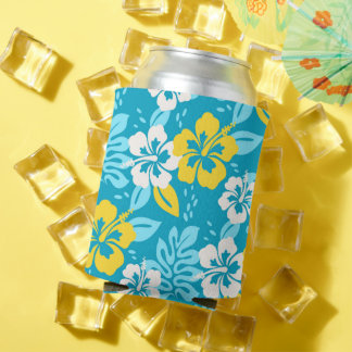 Blue Hawaiian Hibiscus Floral Pattern Can Cooler