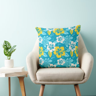Blue Hawaiian Hibiscus Floral Pattern Cushion