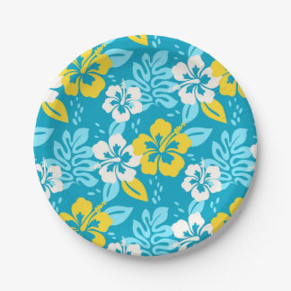 Blue Hawaiian Hibiscus Floral Pattern Paper Plate