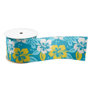 Blue Hawaiian Hibiscus Floral Pattern Satin Ribbon