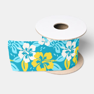 Blue Hawaiian Hibiscus Floral Pattern Satin Ribbon
