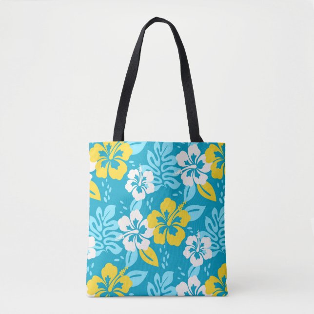 Blue Hawaiian Hibiscus Floral Pattern Tote Bag (Front)