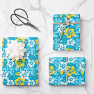 Blue Hawaiian Hibiscus Floral Pattern Wrapping Paper Sheet
