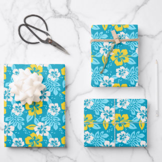 Blue Hawaiian Hibiscus Floral Pattern Wrapping Paper Sheet