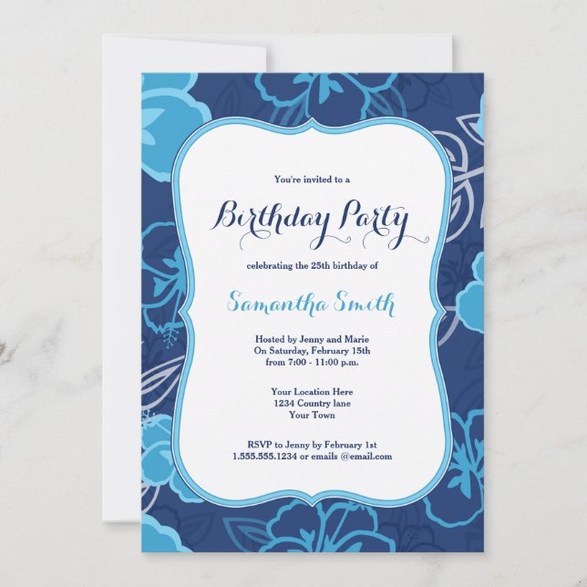 Blue Hawaiian Hibiscus Flowers Birthday Invitation (Front)