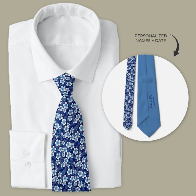 Blue Hawaiian Plumeria Flowers Personalised Tie (Blue Hawaiian personalized wedding ties for groomsmen and groom.)