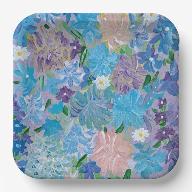Blue Haze Floral 9" Square Paper Plates (Front)