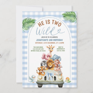 Blue He is Two Wild Safari Animals Birthday Party Invitation