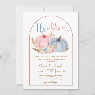 Blue He or She Boho Pink Pumpkin Gender Reveal Invitation