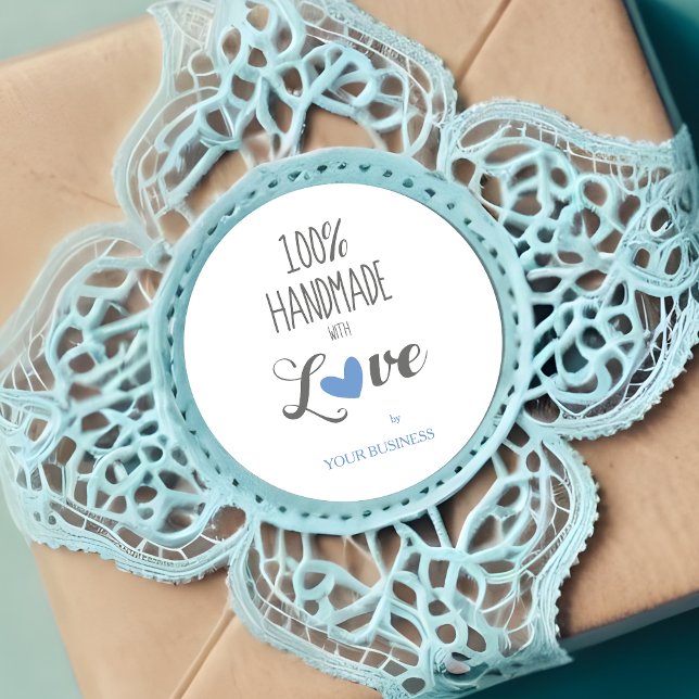 Blue Heart 100% Handmade with Love Quote Classic Round Sticker (Blue Heart 100% Handmade with Love Quote Round Sticker.)