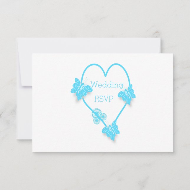 Blue Heart And Butterflies Design Wedding RSVP Card (Front)