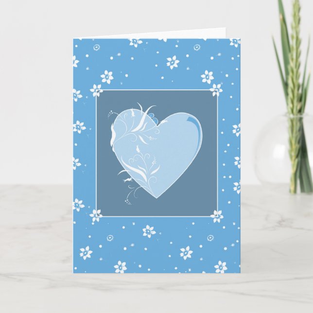 Blue Heart and Flowers Card (Front)