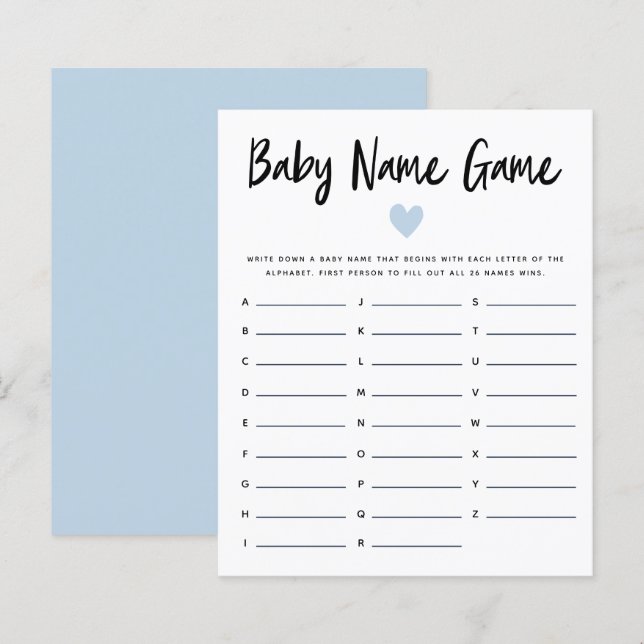 Blue Heart Baby Name Shower Game (Front/Back)