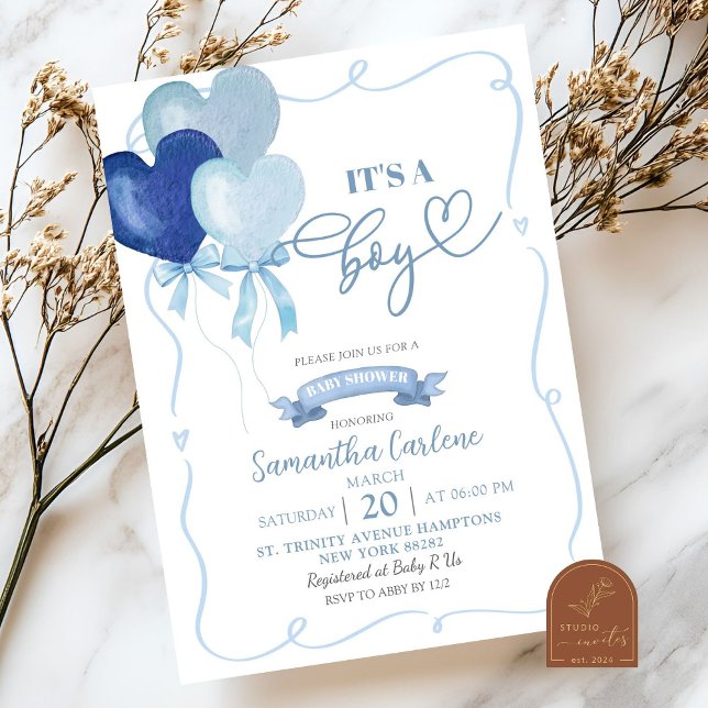 Blue Heart Balloon Baby Shower Invitation (Creator Uploaded)