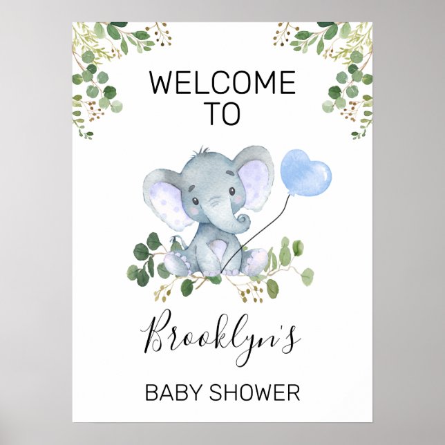 Blue Heart Balloon Elephant Baby Shower Welcome Poster (Front)