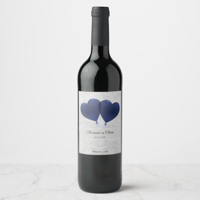 Blue Heart Balloons Wedding Wine Label (Front)