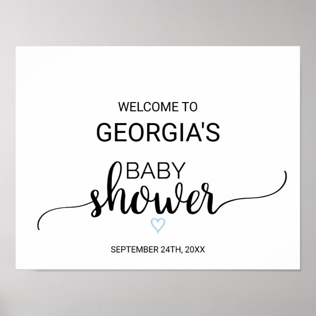 Blue Heart | Black Calligraphy Baby Shower Welcome Poster (Front)