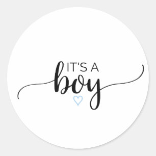 Blue Heart   Black Calligraphy It's A Boy Favour Classic Round Sticker