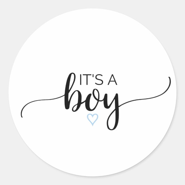 Blue Heart | Black Calligraphy It's A Boy Favour Classic Round Sticker (Front)