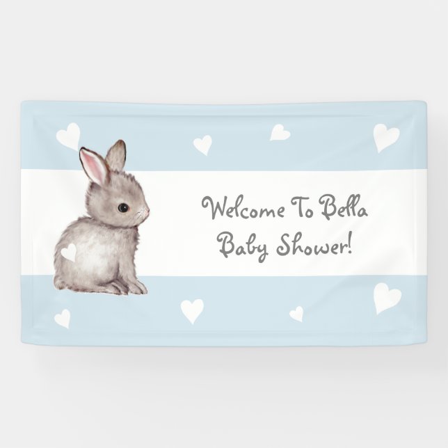 Blue Heart Bunny Baby Shower Banner (Horizontal)