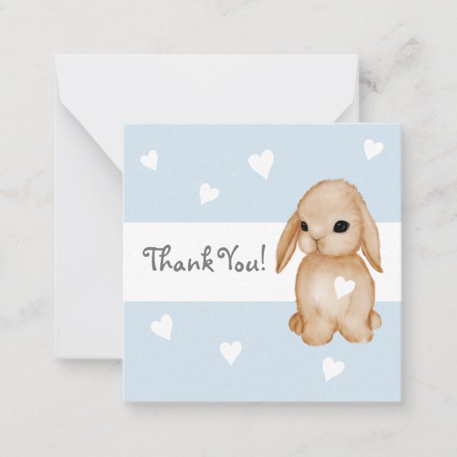 Blue Heart Bunny Baby Shower Thank You Cards (Front)