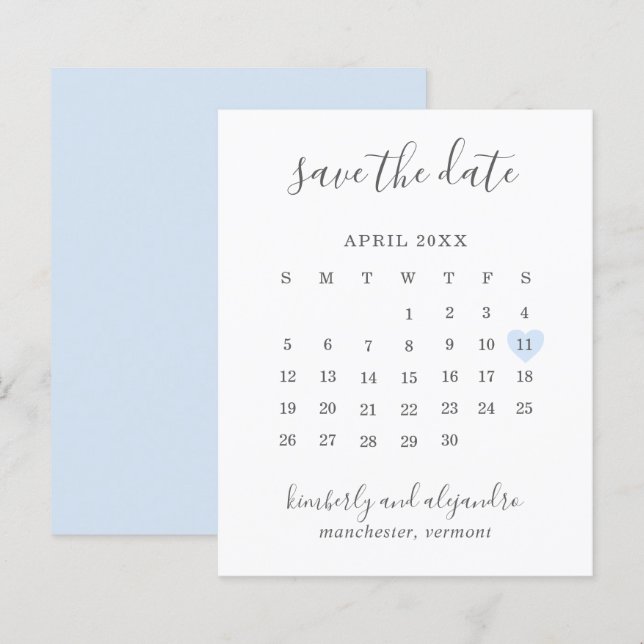 Blue Heart Calender Budget Wedding Save the Date (Front/Back)