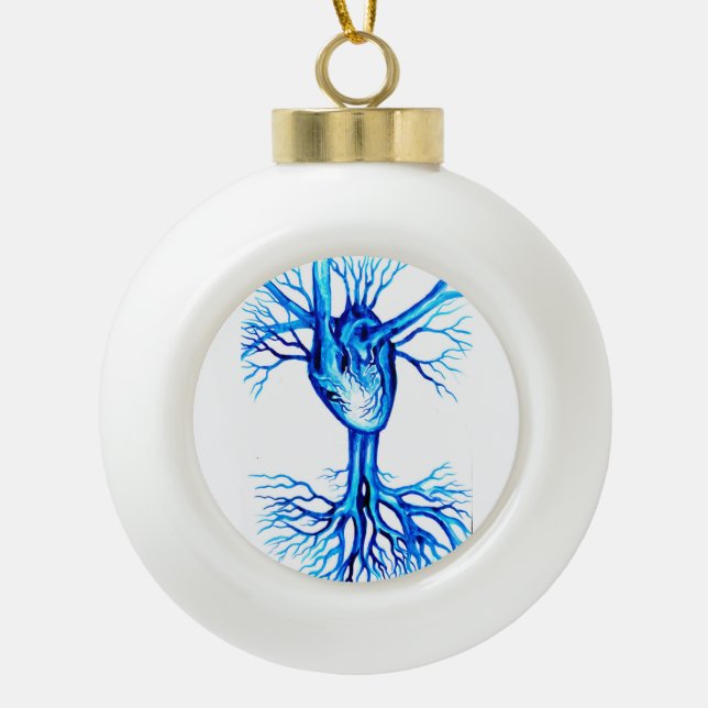 Blue heart ceramic ball christmas ornament (Front)