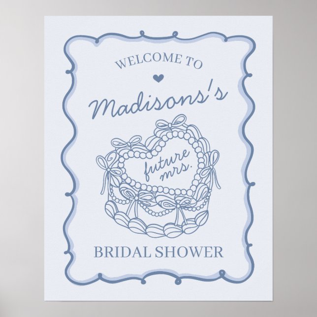 Blue Heart Coquette Cake Bridal Shower Welcome Poster (Front)