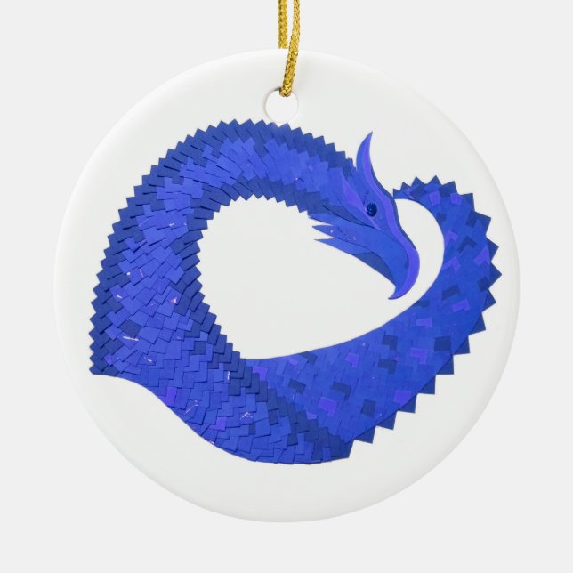 Blue heart dragon on white ceramic tree decoration (Front)