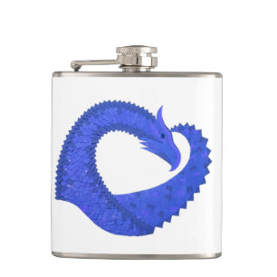 Blue heart dragon on white hip flask