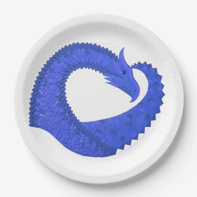 Blue heart dragon on white paper plate (Front)