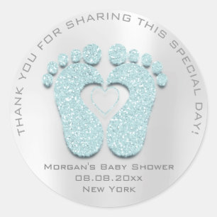 Blue Heart Feet Baby Shower Favour Gift Thank Grey Classic Round Sticker