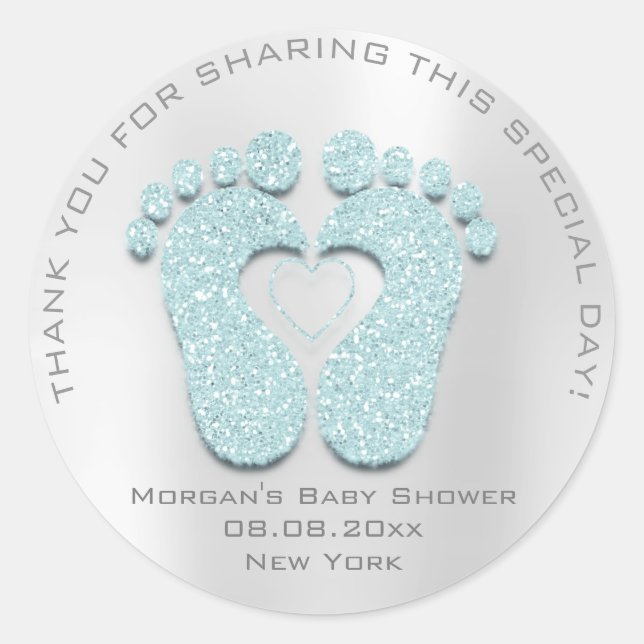 Blue Heart Feet Baby Shower Favour Gift Thank Grey Classic Round Sticker (Front)