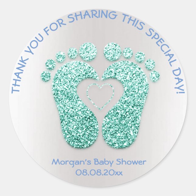 Blue Heart Feet Baby Shower Favour Thank Mint Boy Classic Round Sticker (Front)