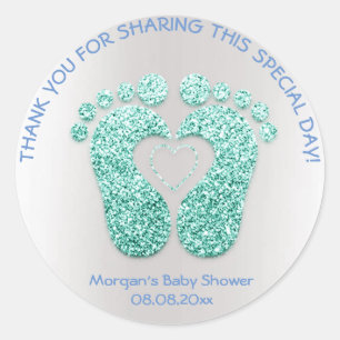 Blue Heart Feet Baby Shower Favour Thank Mint Boy Classic Round Sticker