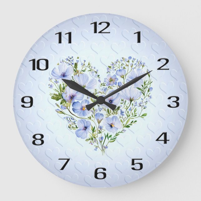 Blue Heart Floral Wall Clock (Front)