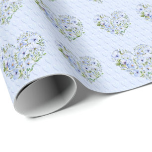 Blue Heart Floral Wrapping Paper